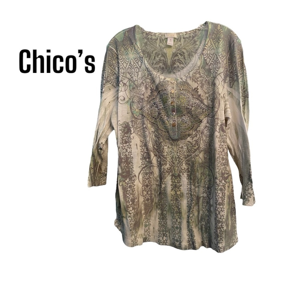 Chico’s Boho Sequined Pullover Lime Green Top L